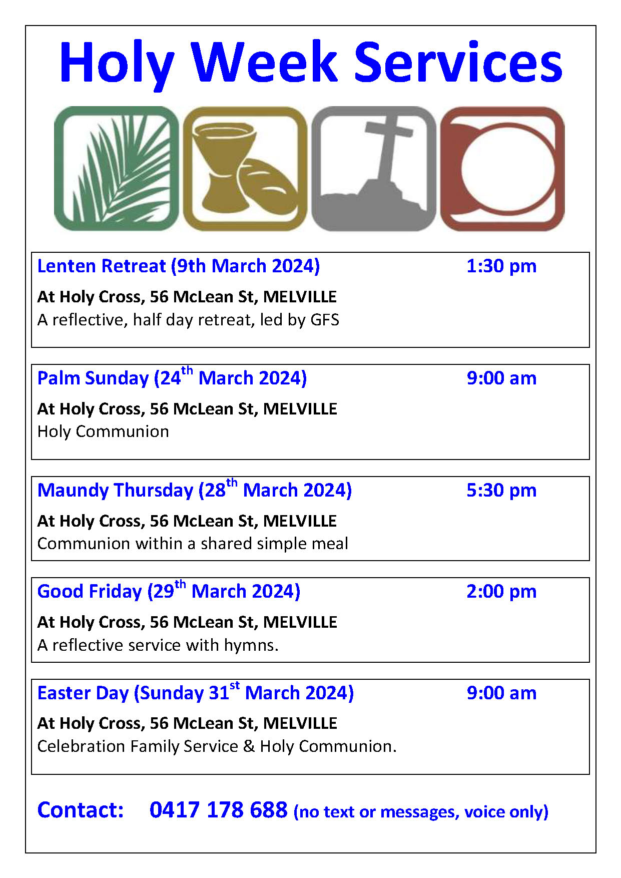 Services happening at The Anglican Church of the Holy Cross MELVILLE WA during Lent and Easter 2024
